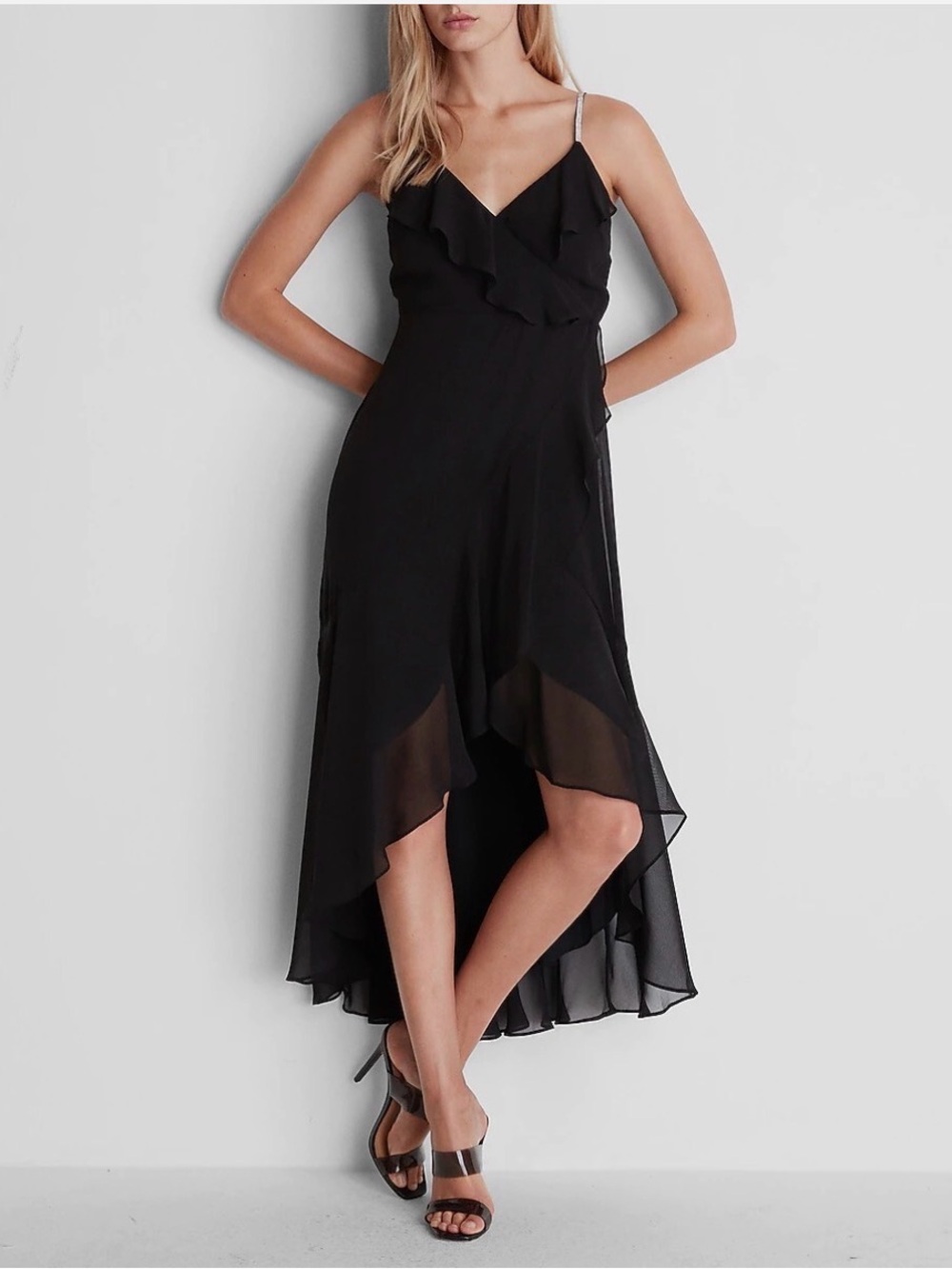 Express Black Ruffle High-Low Dress w/ Sparkly Straps